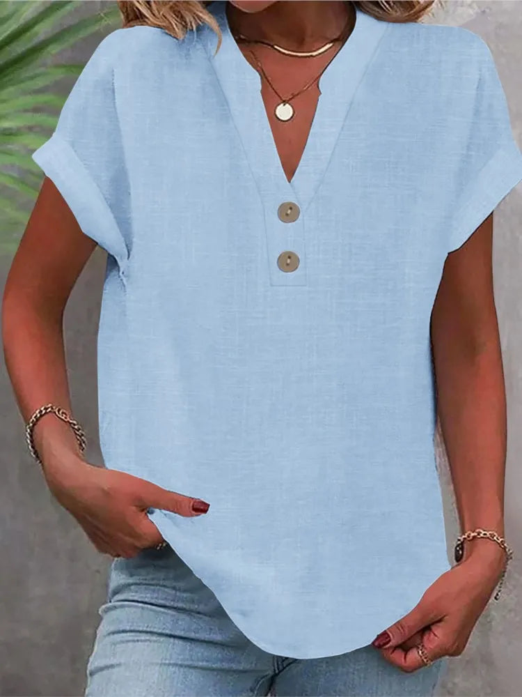 Cotton Linen Short Sleeved Breathable Shirt Summer Solid Color Fashion Stand Up Collar Button Down Women's Casual Office Shirt