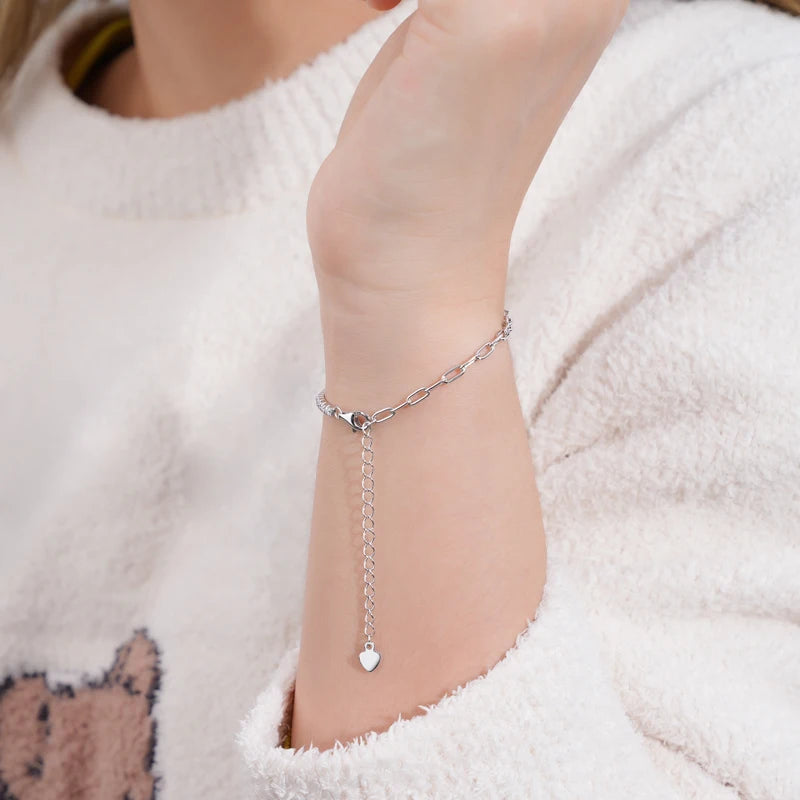 Lnngy 2mm Moissanite Bracelet Korean Ins 925 Sterling Silver Paper Clip Chain Adjustable Bracelets For Women Simple Hand Jewerly