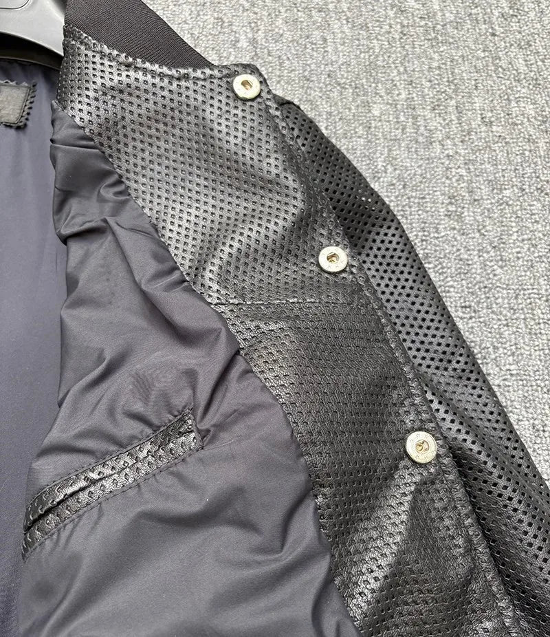Spring Mens Genuine Leather Coat Breathable Single Breasted Stand Collar Loose Fit Bomber Jacket Real Sheepskin Casual Outerwear