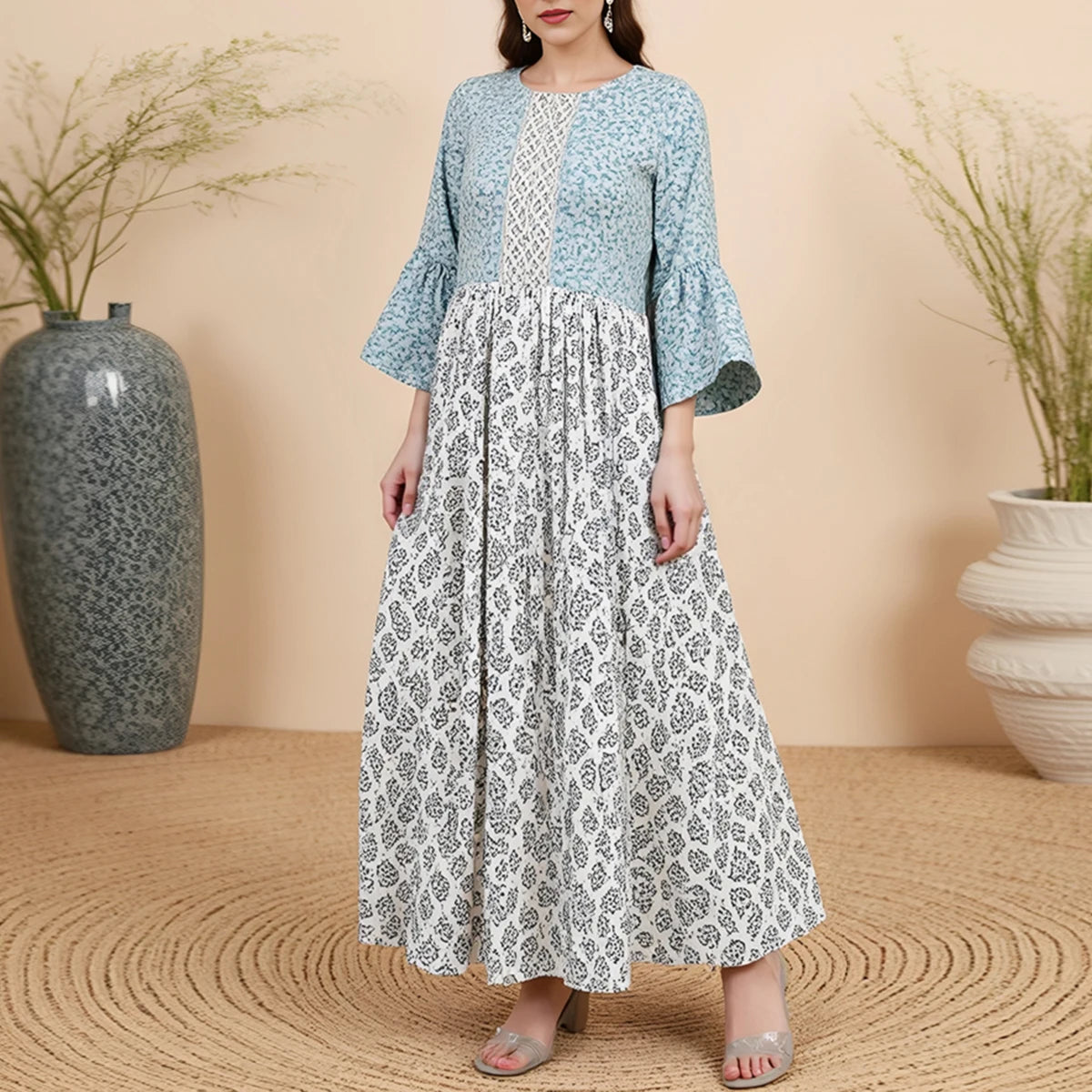 Rafiah Autumn Dresses 2025 Women's Comfortable Full Print Flare Sleeve Round Neck Daily Basic A-Line Long Arabian Dresses