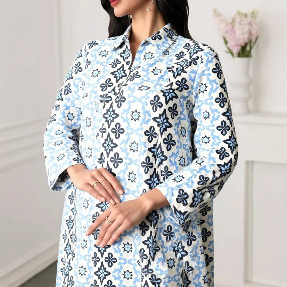 Plus Size Rafiah Women's Summer Arabian Dress 2025 Geometric Print Contrast Color Long Sleeve Half Open Collar Long Dress