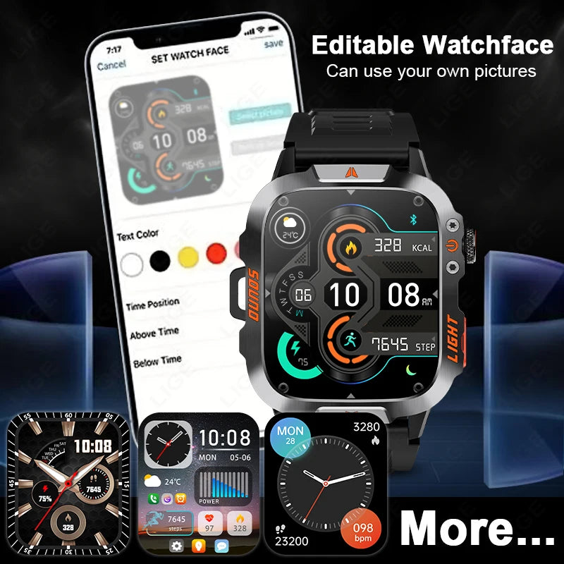 LIGE Military Smart Watch Men 1.96" Screen 3ATM Waterproof Bracelet Bluetooth Call AI Voice Sport Smartwatch With LED Flashlight