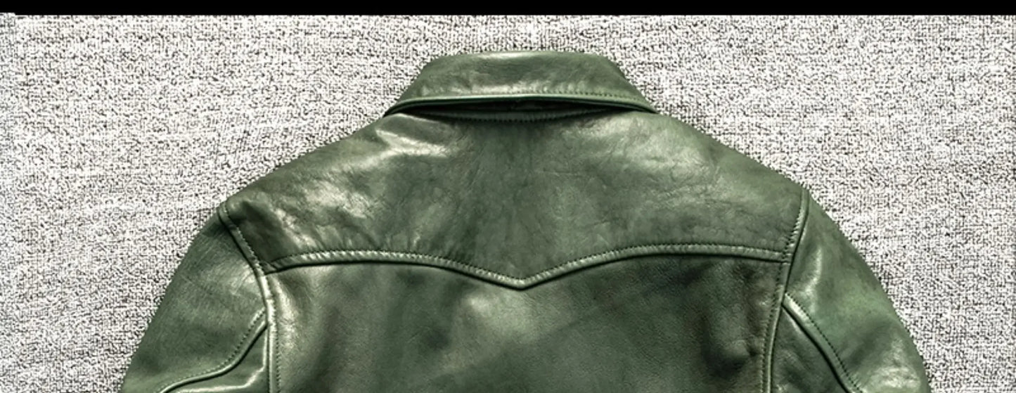 Cossack Green Fruit Leading Layer Mixed Sheepskin Leather Jacket Men's Slim Fit Leather Jacket Autumn and Winter Coat