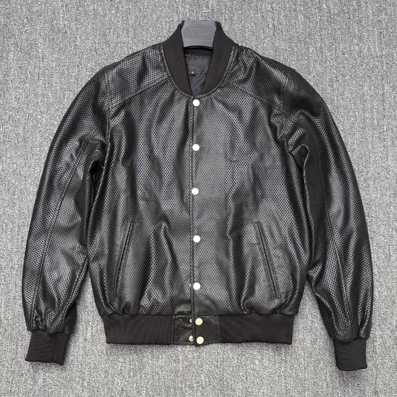 Spring Mens Genuine Leather Coat Breathable Single Breasted Stand Collar Loose Fit Bomber Jacket Real Sheepskin Casual Outerwear