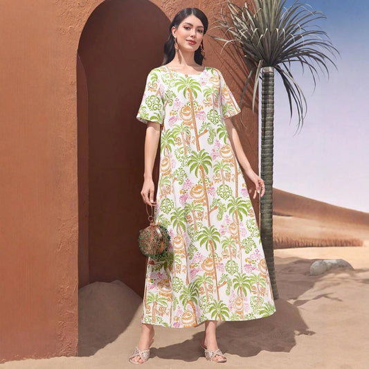 Rafiah Women's Arabian Dress Summer Fashion Vacation Full Print Short Sleeve Round-Neck Midi A-Line Long Daily Dress