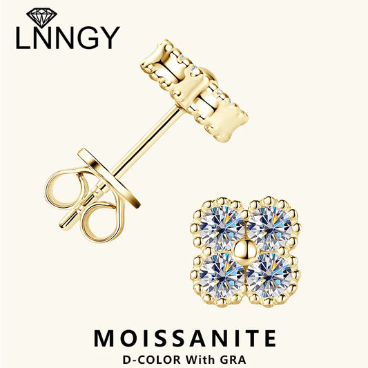 Lnngy Certified Four Leaf Clover 3mm Moissanite Earrings For Women 925 Sterling Silver Stud Earrings Moissanites Jewelry Gift