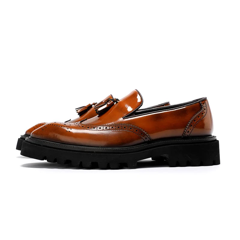 Mens Genuine Leather Loafers Summer Slip On Breathable Thick Sole Brogue Tassel Casual Dress Shoes