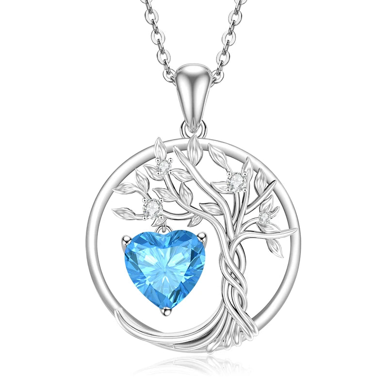 Lnngy 925 Sterling Silver Tree of Life Circle Pendant Necklace Colorful Birthday Stone Necklaces Jewelry for Women Daily Gift