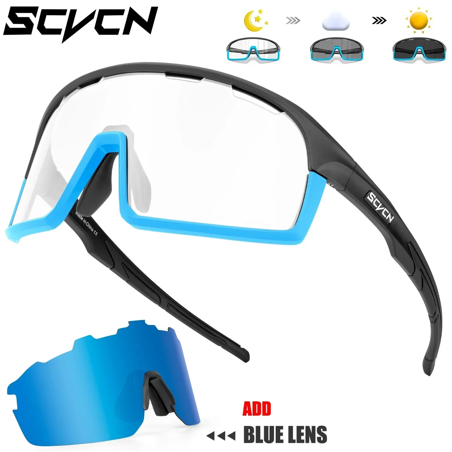 SCVCN Photochromic Cycling Sunglasses for Man Blue Outdoor Sports Bike Glasses MTB Fishing Glasses Bicycle Goggles UV400 2lens