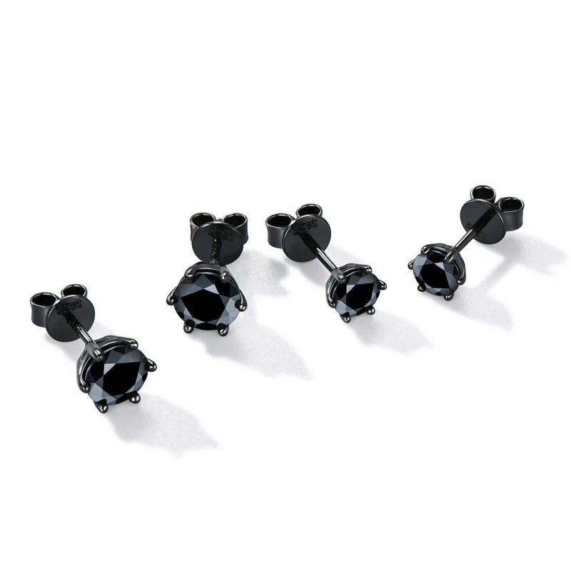 Lnngy Pass Diamond Test 5mm 6.5mm Black Moissanite Stud Earring 925 Sterling Silver 6 Claws Piercing Earrings for Women Men Gift