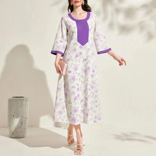 Rafiah Women's Summer Long Arabian Dress Traditional Contrast Color Floral Short Sleeve Round-Neck Single Breasted Midi Dress