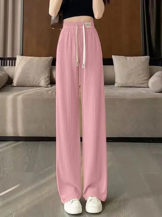 High Quali Ice Silk Wide Leg Pants Women's Straight Leg Casual Trousers Summer New Sle Trendy High Waist Nine Points