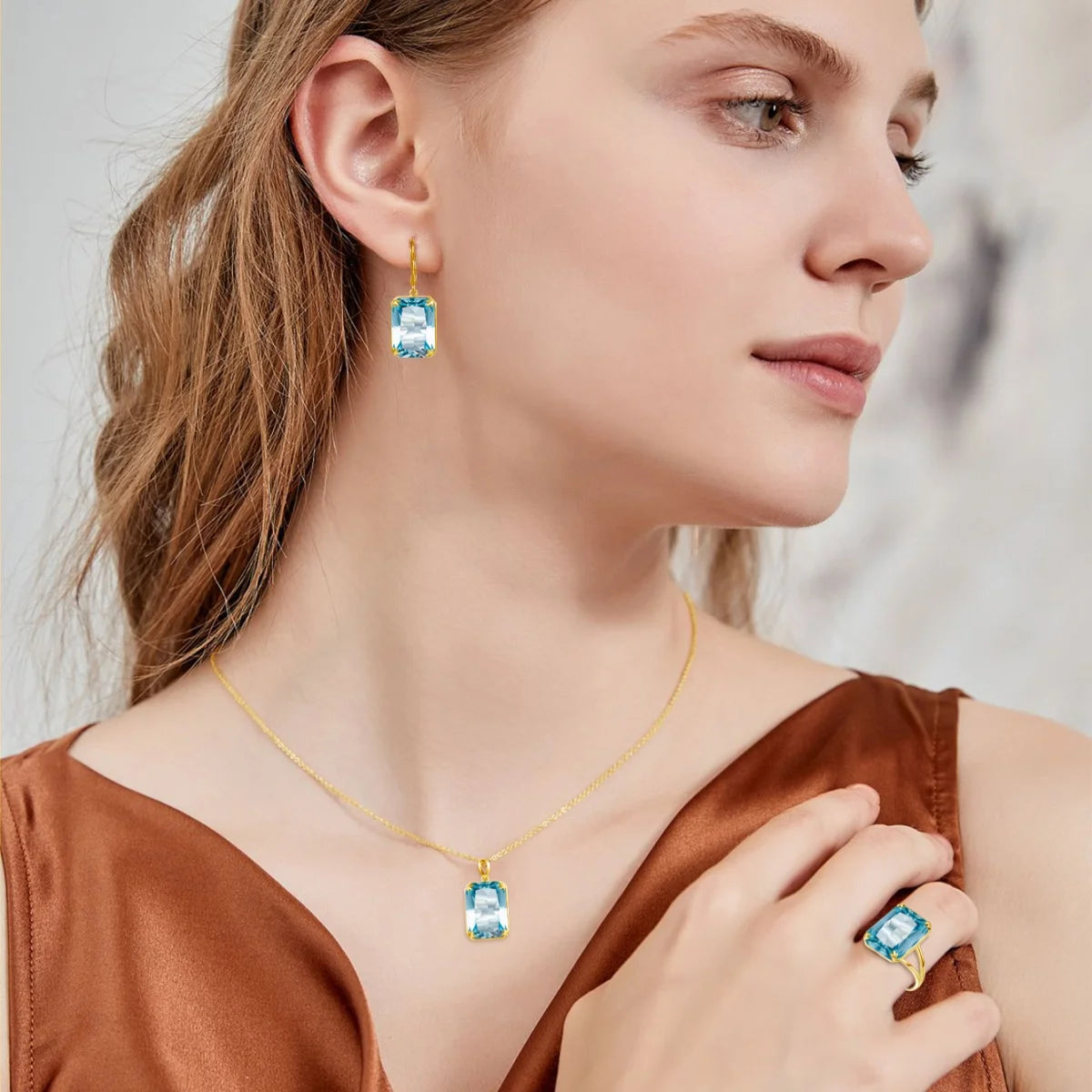 Classic Jewelry Sets for Women 18K Gold Plated Aquamarine Ring Earrings Pendant Silver 925 Anniversary Wedding Quality Gifts