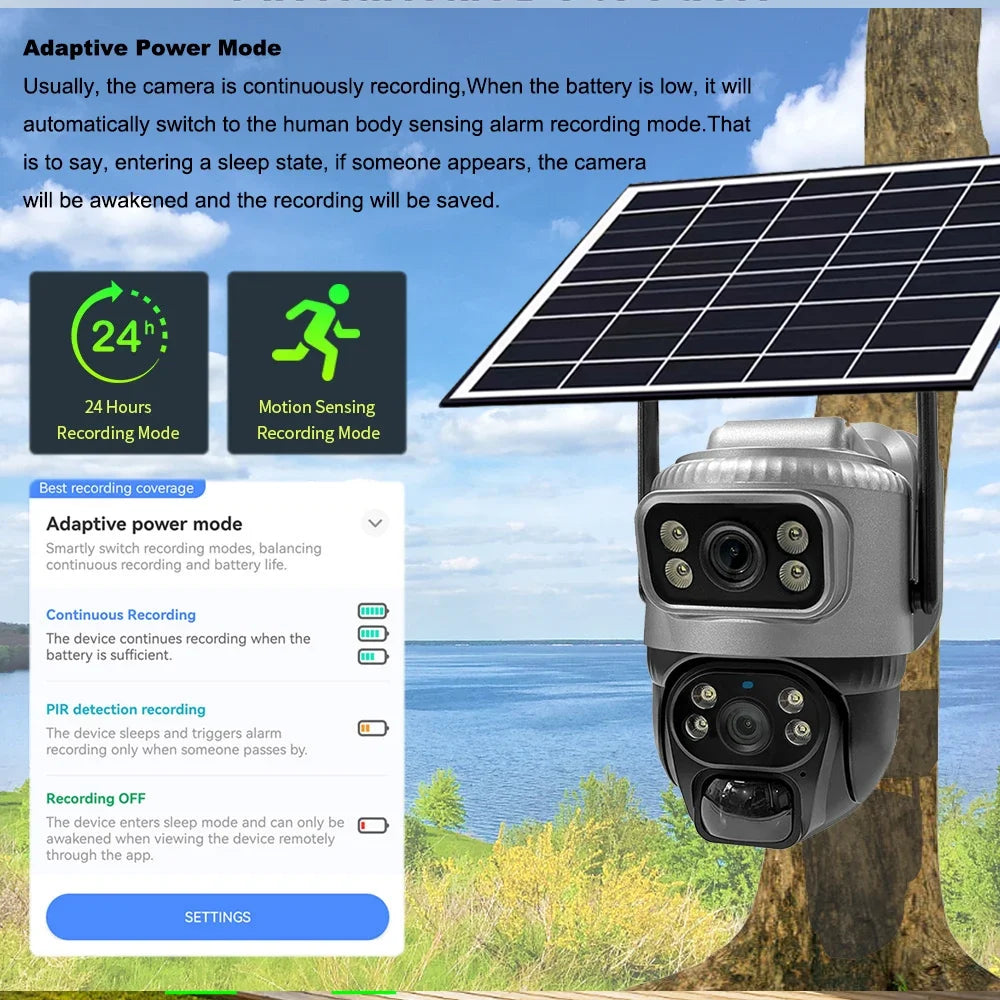 4G Solar Camera Outdoor Dual Lens PTZ Low Powered CCTV Video V380 Cameras PIR Motion Detect Security Protection Surveillance Cam