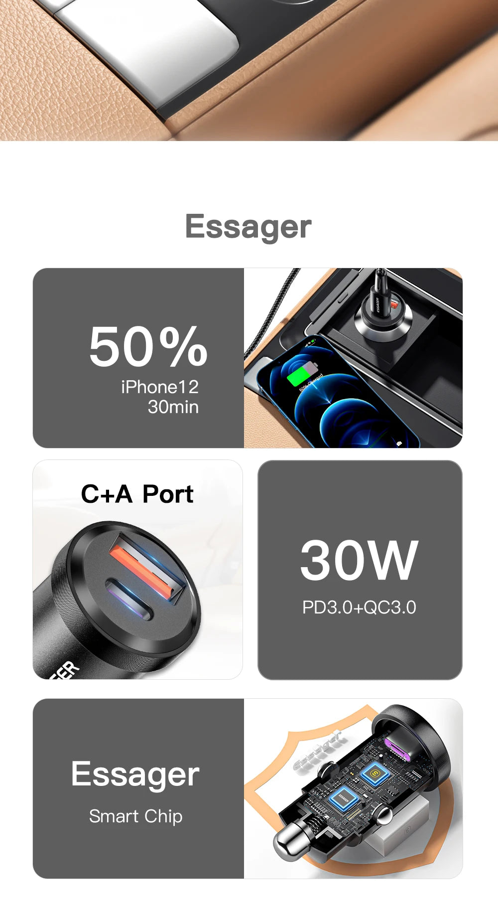 شاحن سيارة Essager USB 30 وات، شحن سريع 4.0، QC PD 3.0 SCP 5A، USB Type C، شحن سريع للسيارة، مناسب لأجهزة iPhone 14 13، Huawei، Samsung، Xiaomi