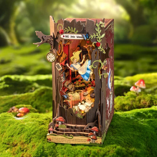 Robotime Rolife Book Nook Kits Fall into Wonder DIY Booknook with Lights Miniature House Kit 3D Wooden Puzzle Bookshelf Gift TGB