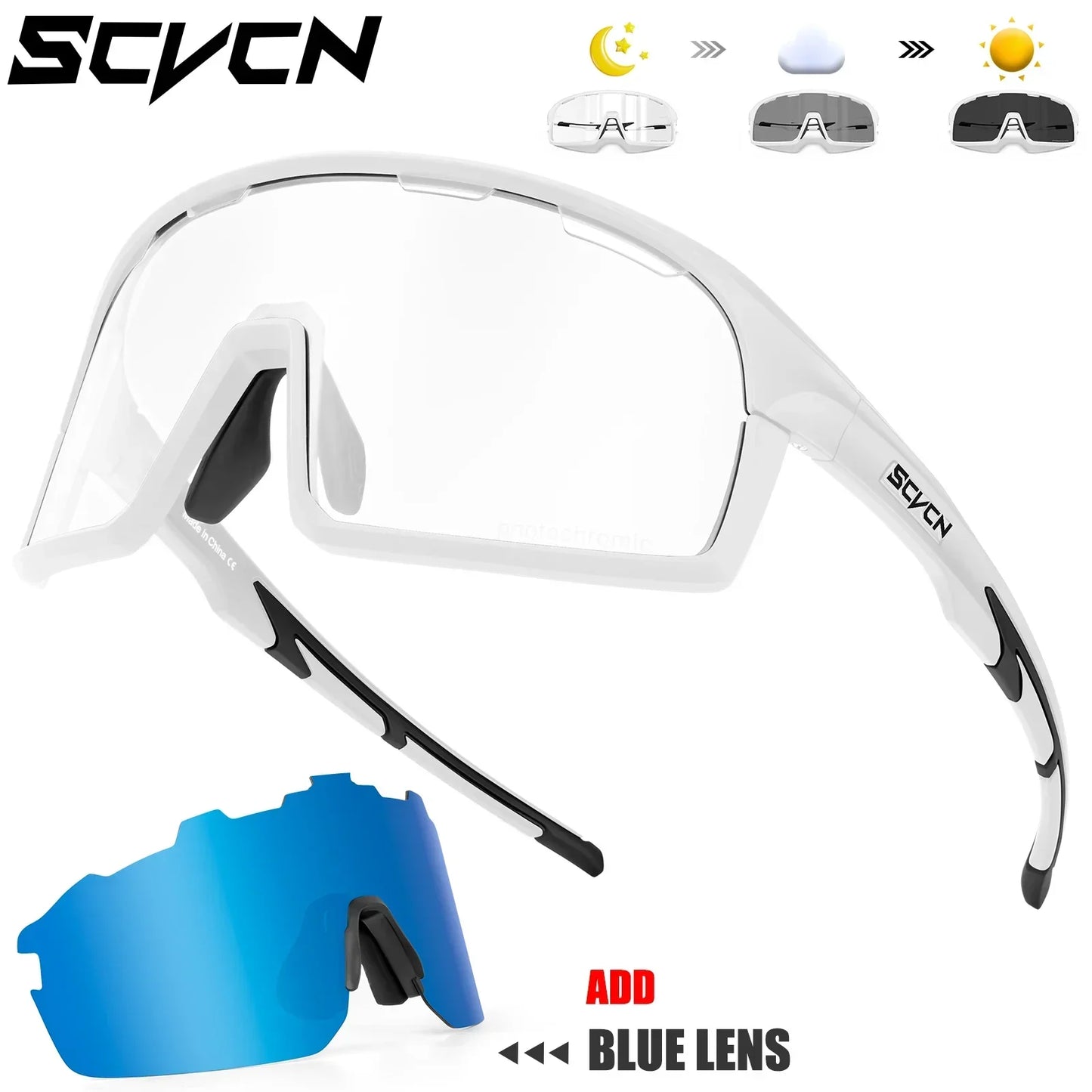 SCVCN Photochromic Cycling Sunglasses for Man Blue Outdoor Sports Bike Glasses MTB Fishing Glasses Bicycle Goggles UV400 2lens