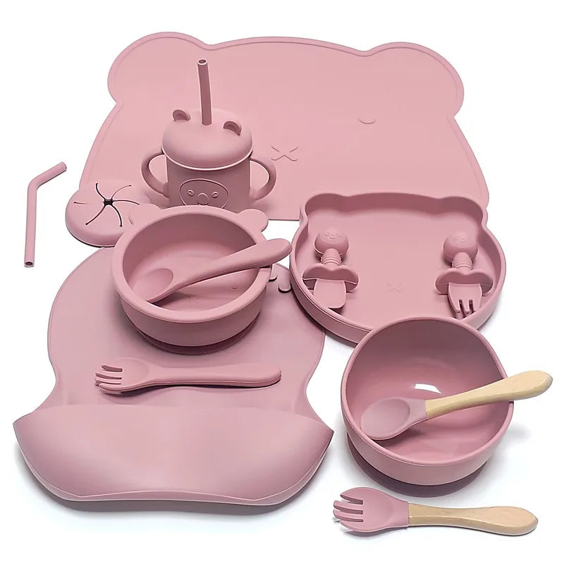 14pcs Silicone Baby Tableware Set Food Children Supplementary Bowl Baby Dinner Plate Fork Spoon Bib Non-slip Bowl Drop-proof Bow