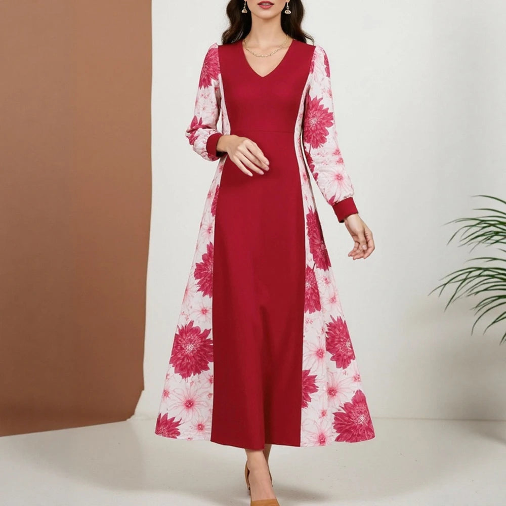 Rafiah Women's Summer Arabian Dress Loose Fit Floral Stitching Design Cuff Sleeve Sweetheart Neck Midi Casual Daily Dress