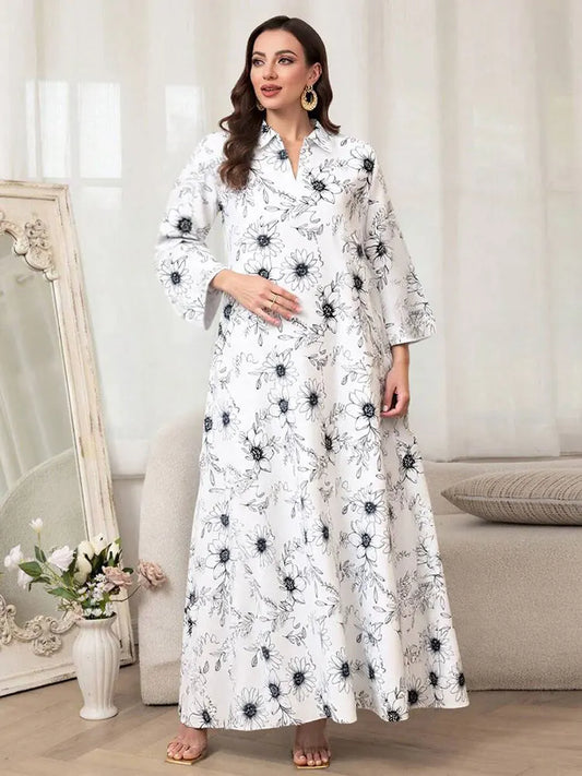 Rafiah Women's Dresses Summer Elegant 2025 Floral Opulent Long Sleeve Shirt Collar A-Line Midi Vacation Long Dresses