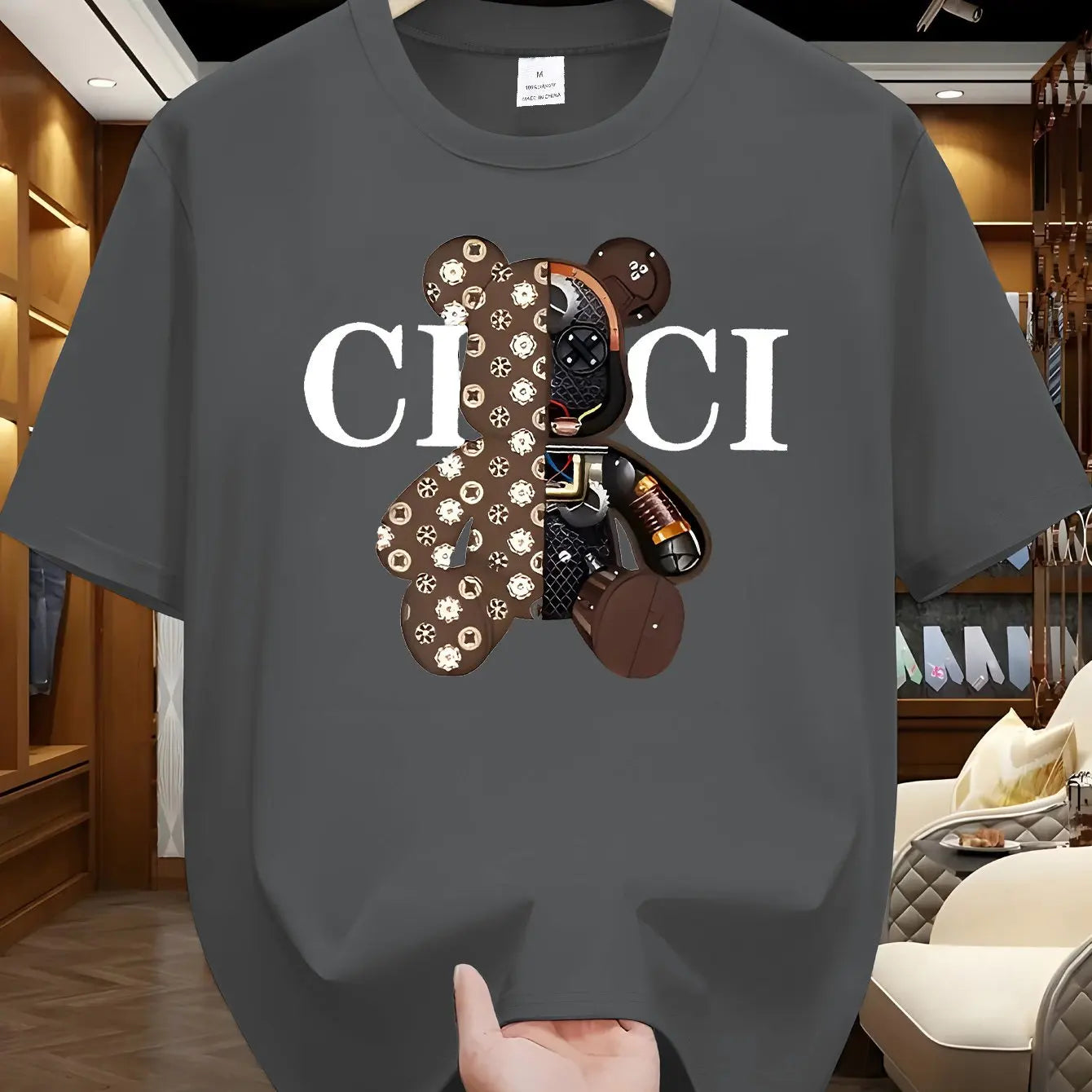 Men's summer 100% pure cotton fashionable casual loose brown mechanical bear cartoon printed round neck short sleeved T-shirt