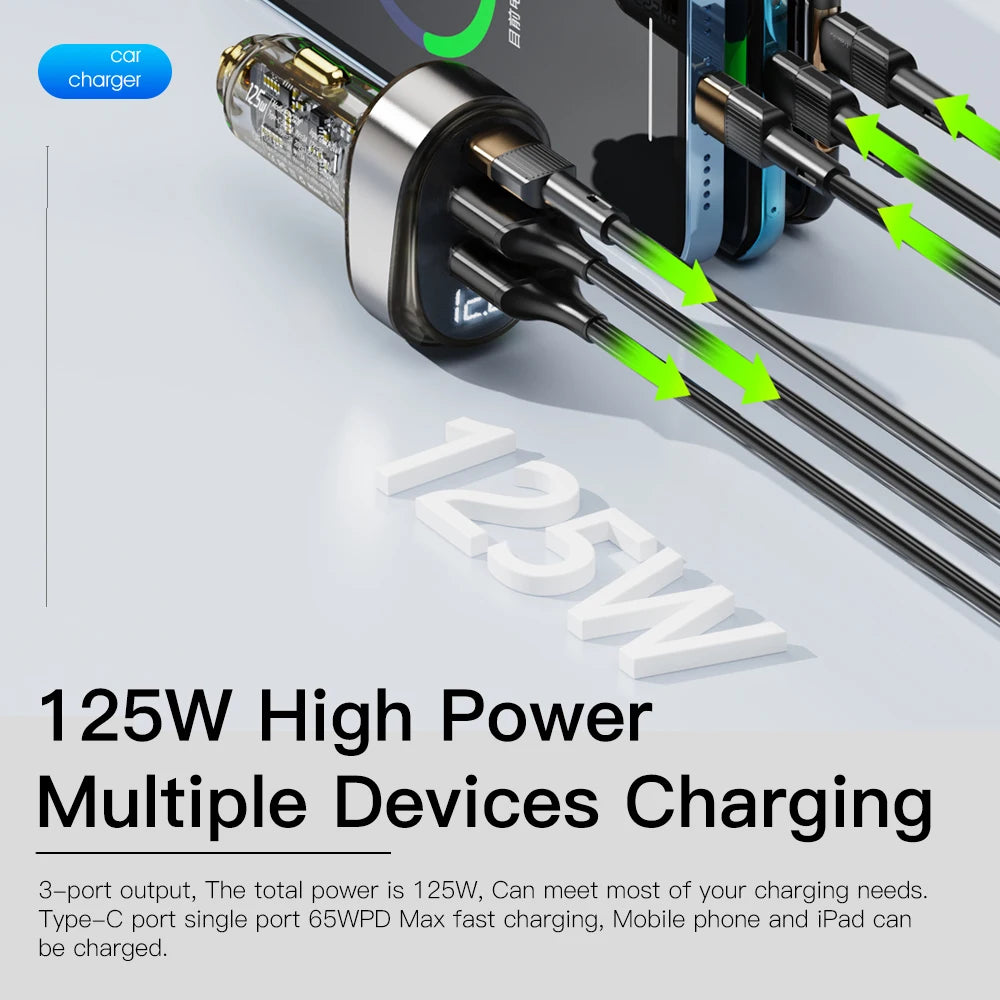 شاحن سيارة سريع من Essager بشاشة رقمية 125 وات لأجهزة iPhone وiPad وMacBook وUSB AC وشاحن سريع لأجهزة Huawei وHonor وXiaomi وSamsung وOPPO