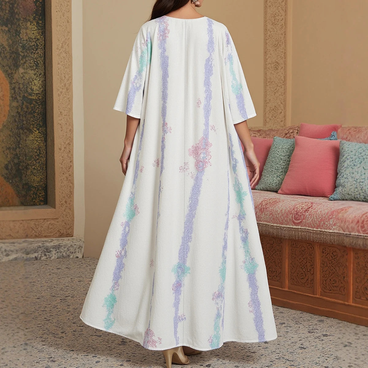 Rafiah Summer Arabian Dress 2025 Women's Decent Full Print Tassel Short Sleeve Split Neck Draped Daily Basic Midi Dress