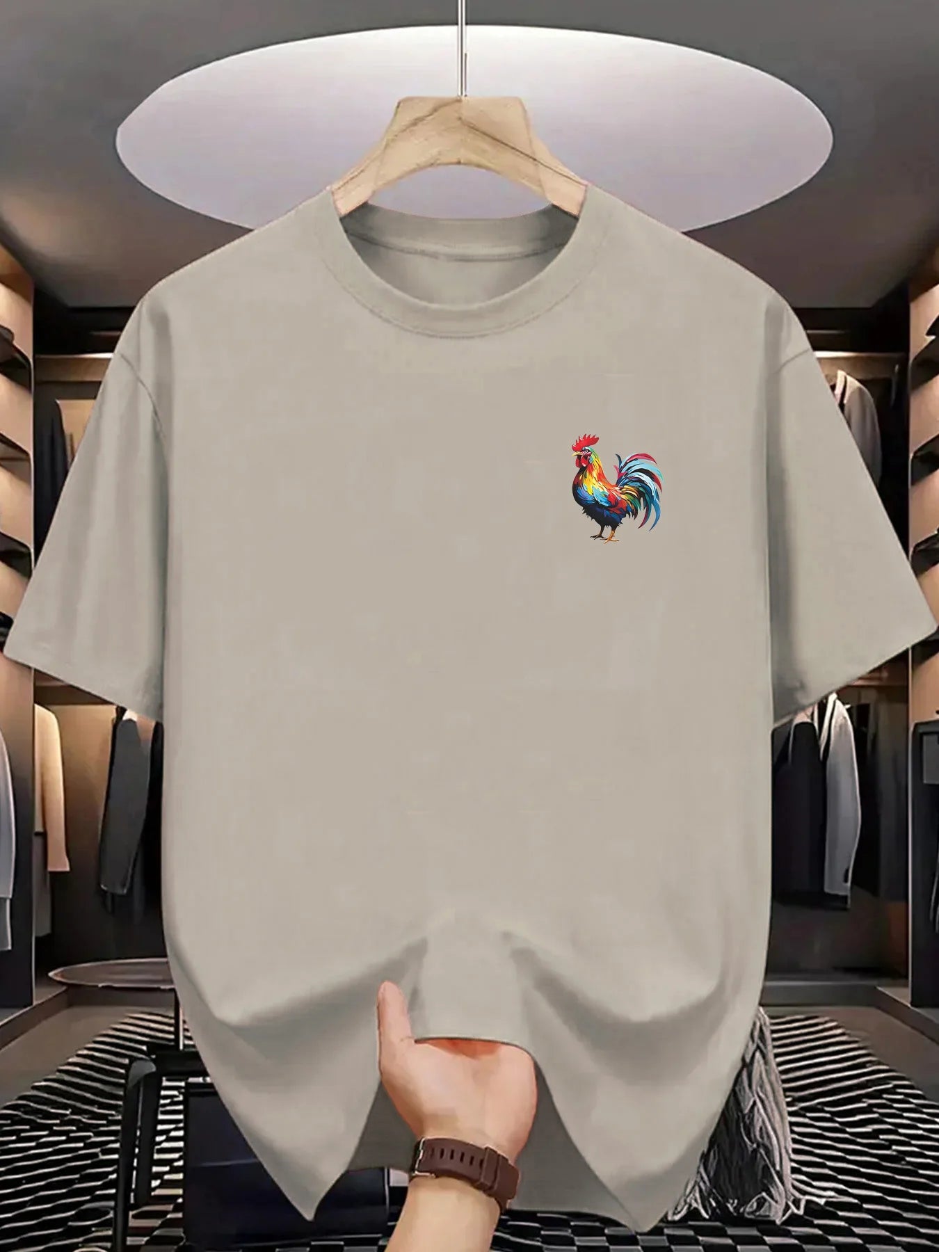 Men's summer 100% pure cotton fashionable casual loose sports bright rooster print round neck short sleeved T-shirt top