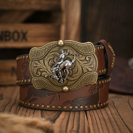 Vintage Style PU Leather Western Cowboy Belt with Classic Buckle - 3.8cm Wide, Durable and Stylish for Men and Women - Perfect f