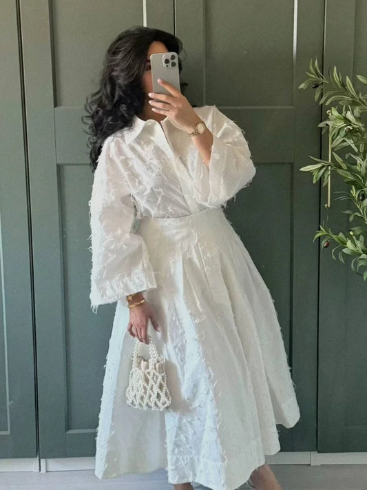 Street Shirt & Skirt Set – Women’s Turn-Down Collar Button Top with High Waist Pleated Skirt – Spring/Summer 2025