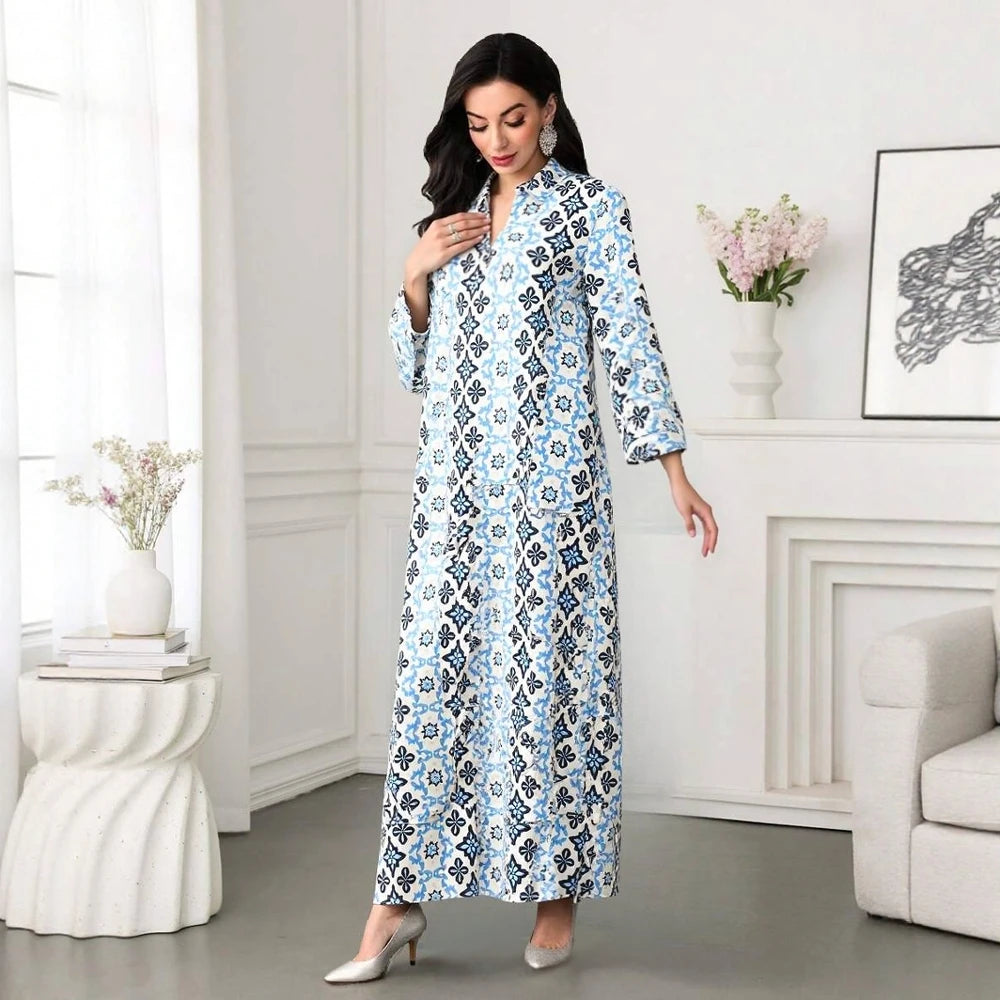 Plus Size Rafiah Women's Summer Arabian Dress 2025 Geometric Print Contrast Color Long Sleeve Half Open Collar Long Dress