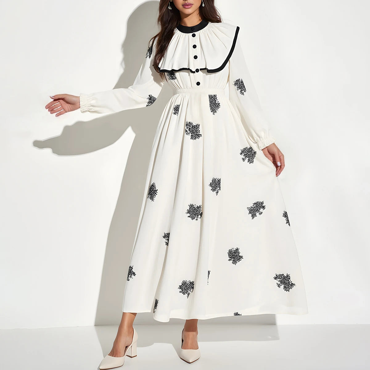 Rafiah Autumn Arabian Dress 2025 Women's Decent Full Print Folds Long Sleeve Round-Neck Layered Daily Basic Midi Dress