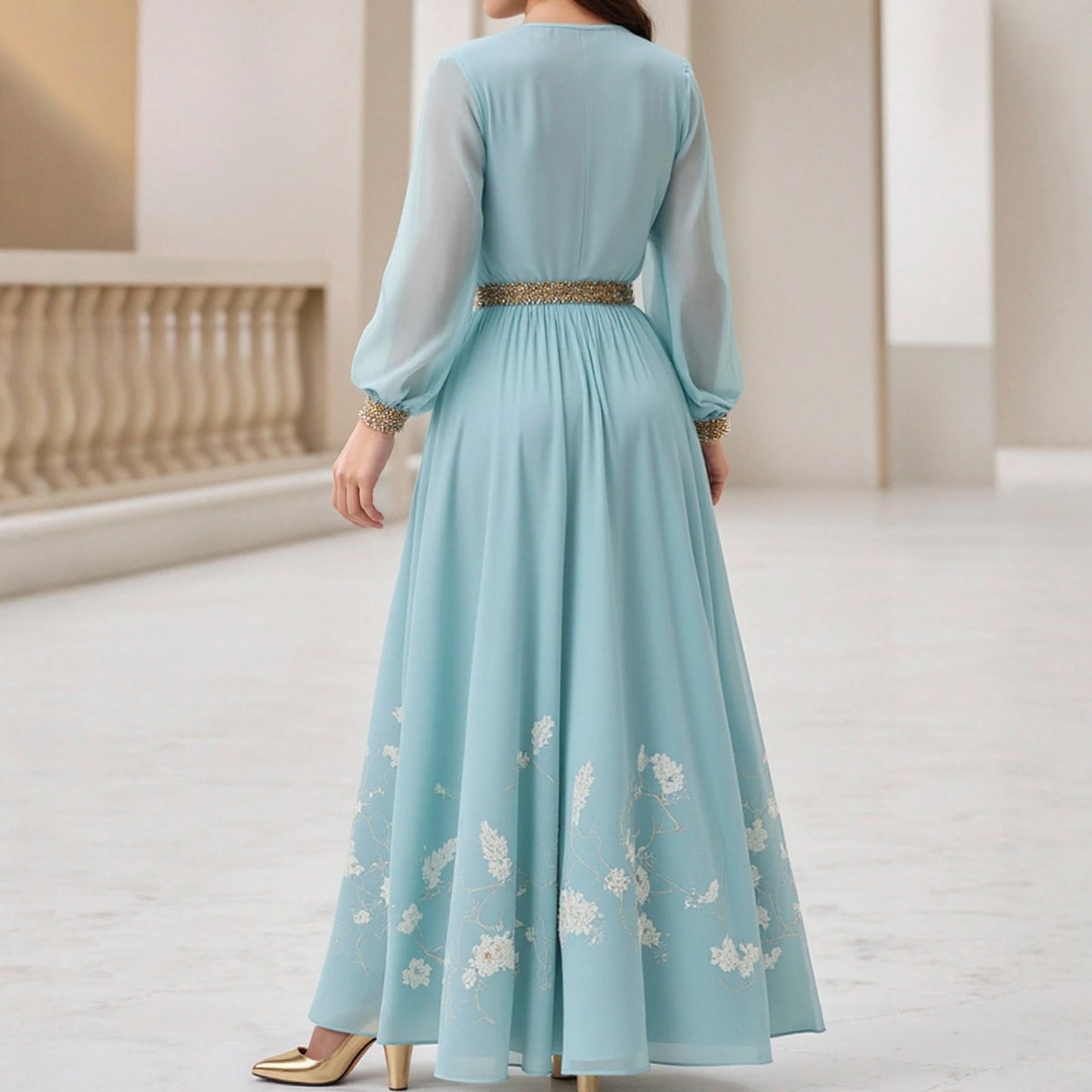 Rafiah Autumn Arabian Long Dress 2025 Modest Fashion Floral Patchwork Long Sleeve V-Neck Midi Shift Dresses For Women
