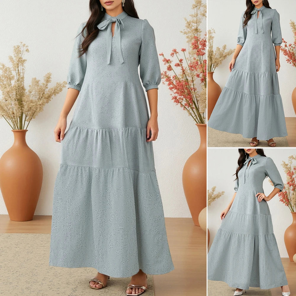 Rafiah Summer Dress 2025 Women's Simple Lace-Up Half Sleeve Crew Neck High Waist Casual A-Line Long Arabian Dress
