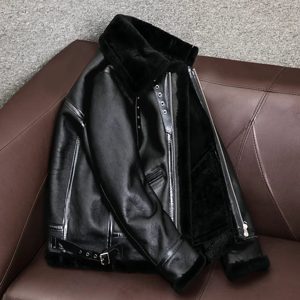 2023 New Genuine Sheepskin Leather Jacket Mens Plus Size Real Thick Sheepskin Natural Warm Coat