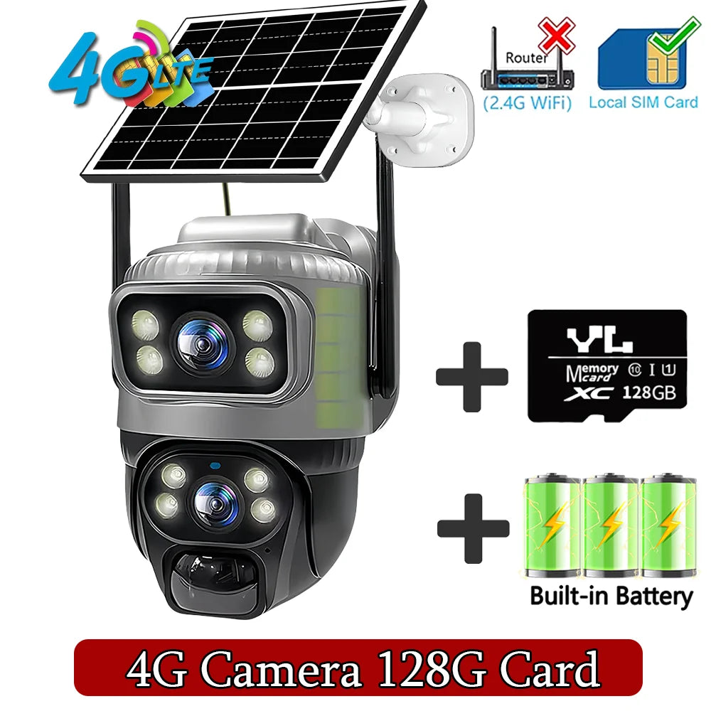 4G Solar Camera Outdoor Dual Lens PTZ Low Powered CCTV Video V380 Cameras PIR Motion Detect Security Protection Surveillance Cam