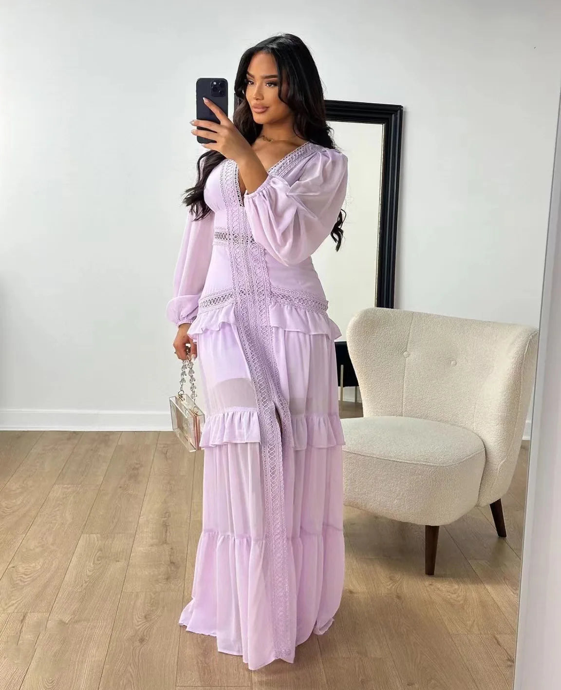 Maxi Dress Ruffles Long Sleeve Hollow Out Evening Dresses Party Chic Robe Green Blue Purple New In Holiday Summer