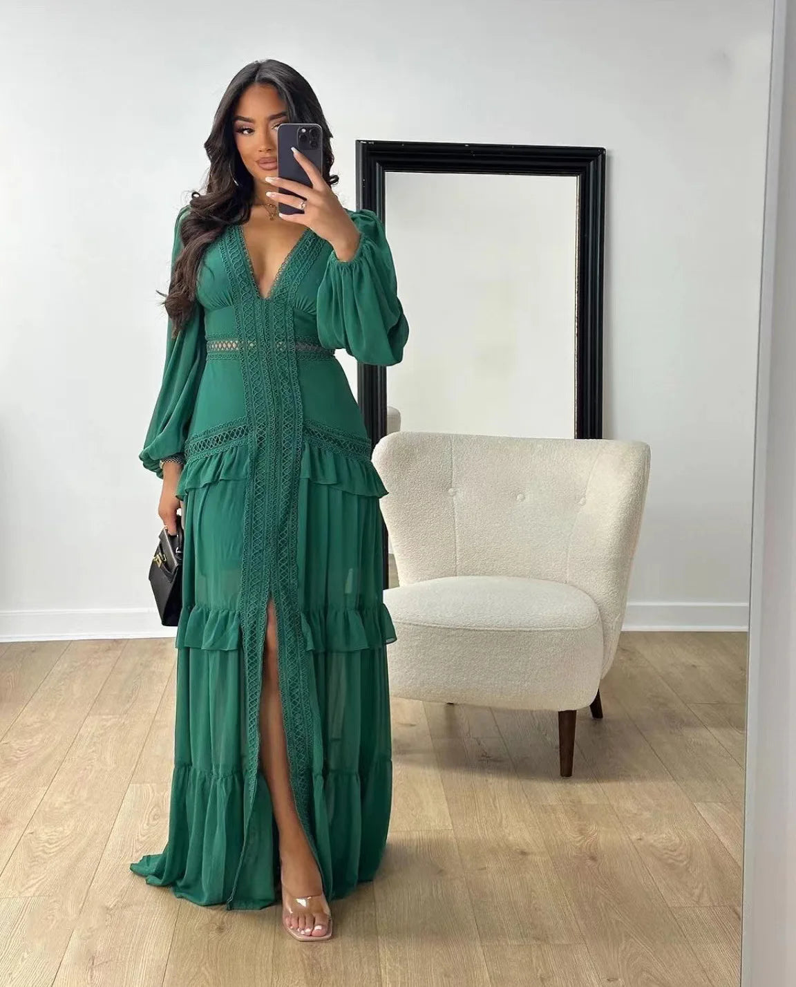 Maxi Dress Ruffles Long Sleeve Hollow Out Evening Dresses Party Chic Robe Green Blue Purple New In Holiday Summer