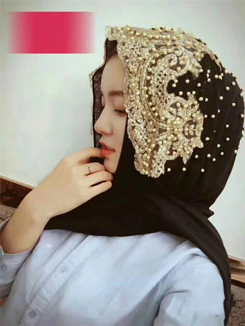 Dubai Women Bling Beaded Headscarf Long Scarf Cap Lace Scarves Muslim Wedding Wrap Shawls Hijab Islamic Turban