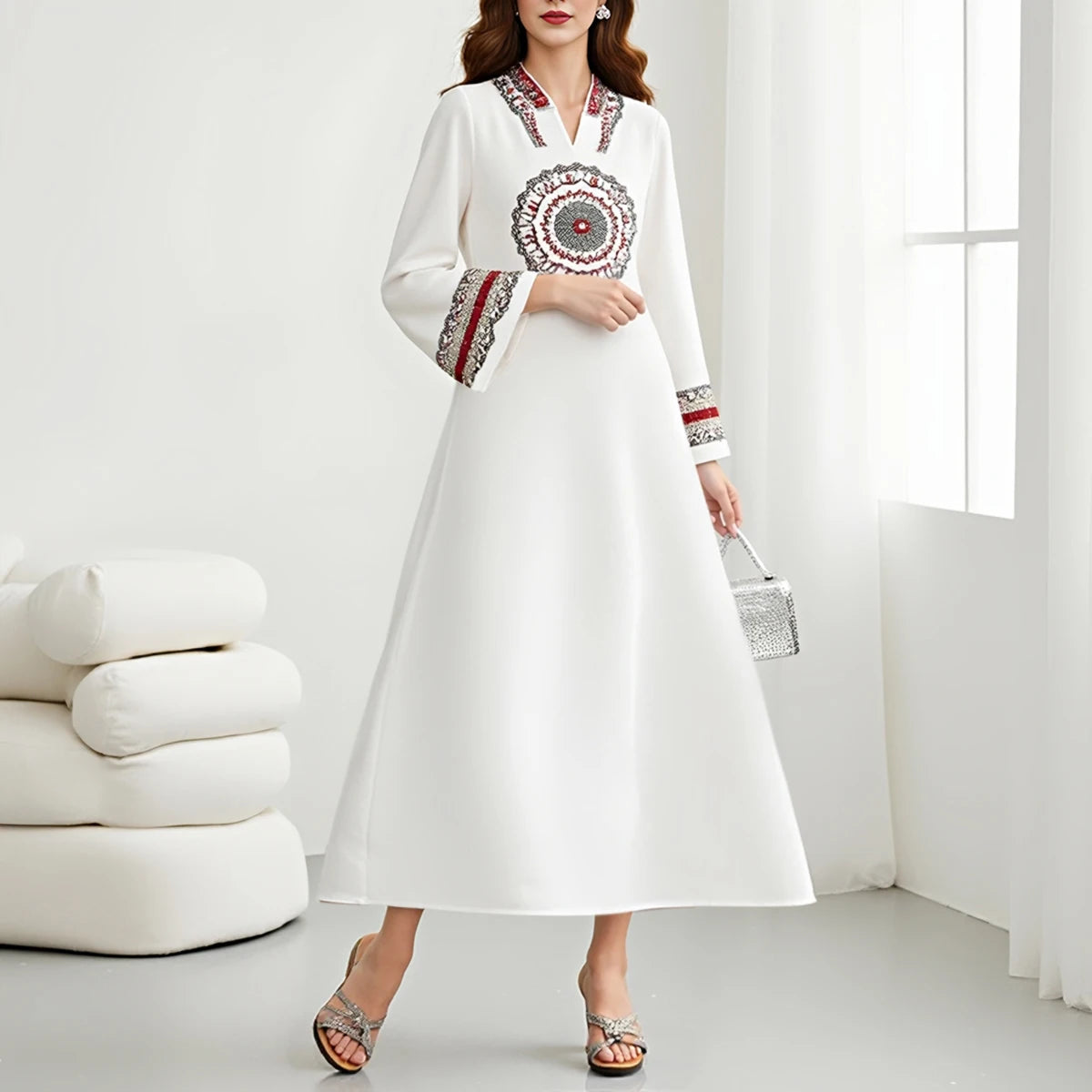 Rafiah Autumn Dresses 2025 Women's Elegant Print Long Sleeve V-Neck A-Line Dating Long Arabian Dresses