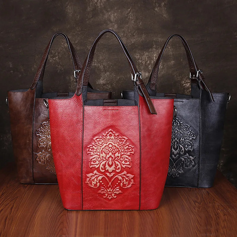 MOTAORA Large Capacity Bucket Bag 2025 New Vintage Luxury Handbags Women Genuine Cowhide Handmade Embossing Woman Shoulder Bags