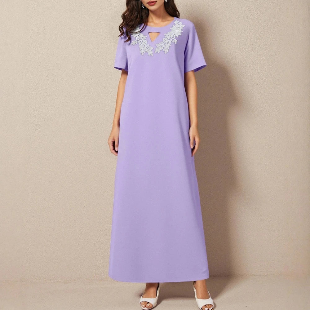 Rafiah Women's Summer Arabian Dress Loose Fit Comfortable Appliques Short Sleeve Crew Neck Midi Casual Arabian Dress