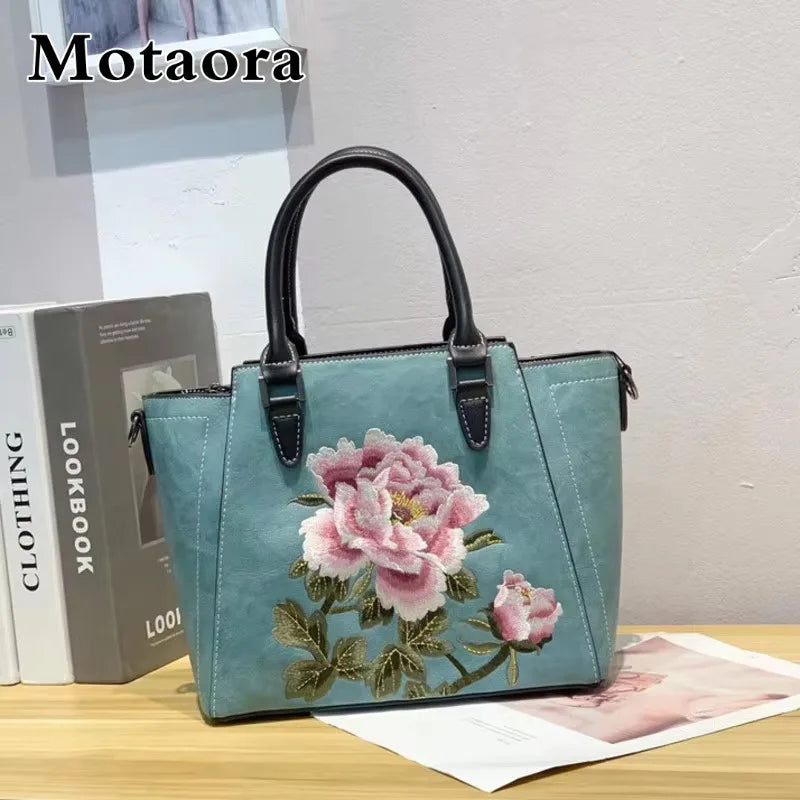 MOTAORA 2025 New Chinese Style Women's Leather Shoulder Bag | Embroidery Flower Handbag