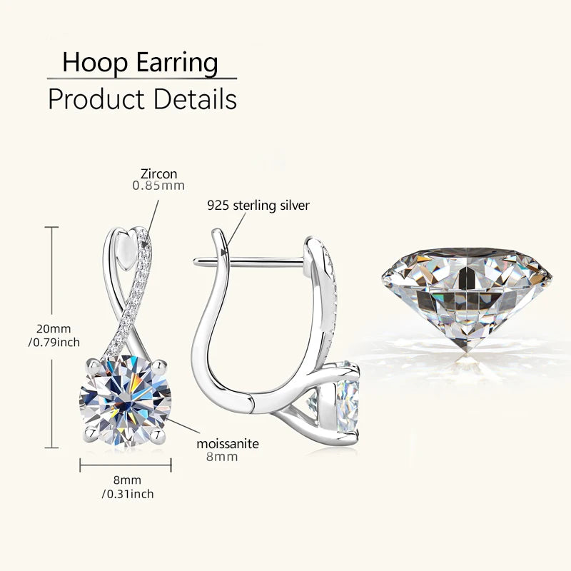 Lnngy ohrringe silber 925 Sterling Silver Hoop Earring GRA Certified 8MM 2ct Moissanite Infinity Earring For Women Daily Jewelry
