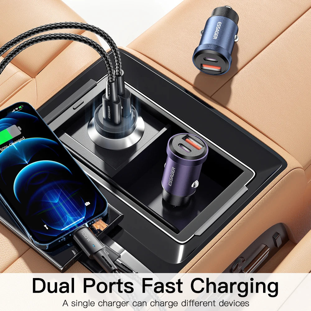 شاحن سيارة Essager USB 30 وات، شحن سريع 4.0، QC PD 3.0 SCP 5A، USB Type C، شحن سريع للسيارة، مناسب لأجهزة iPhone 14 13، Huawei، Samsung، Xiaomi