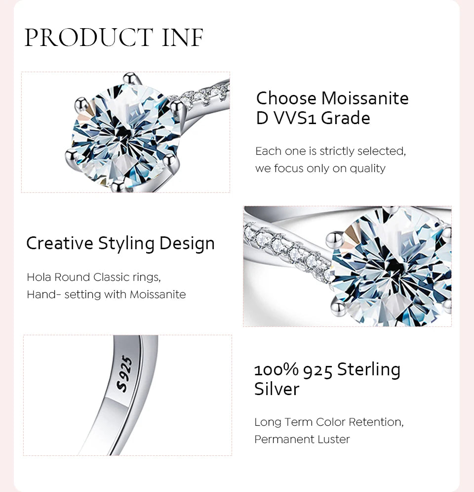 GRA Luxury 1ct D Color Twisted Arm Classic 6 Prong Shiny Moissanite Diamond Rings for Women 925 Sterling Silver Fine Jewelry