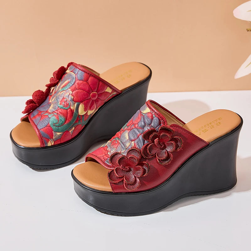Genuine Leather Women Flower High Heels Wedges Summer Platform Slippers
