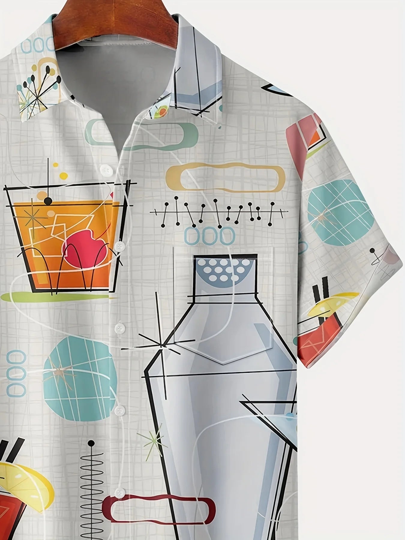 Men'S Vintage 60s Geometric Atomic Cocktail Shirt with Button Pocket,Polyester 100%, Regular Fit, Woven Fabric Slight Stretch