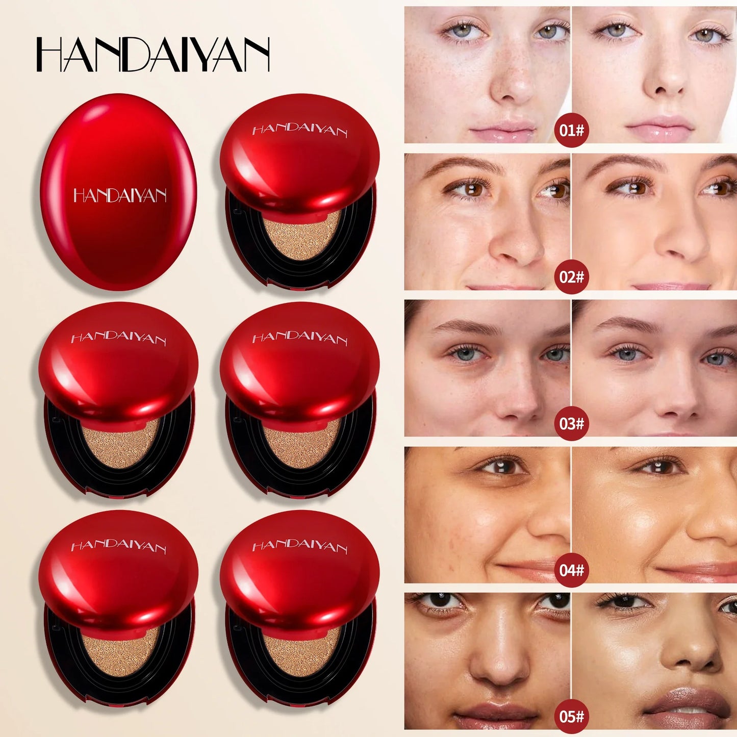 HANDAIYAN 5Color Red Box Concealer Cushion For Easy Application And Long-Lasting Skin Touching Face With Puff For Women's Makeup