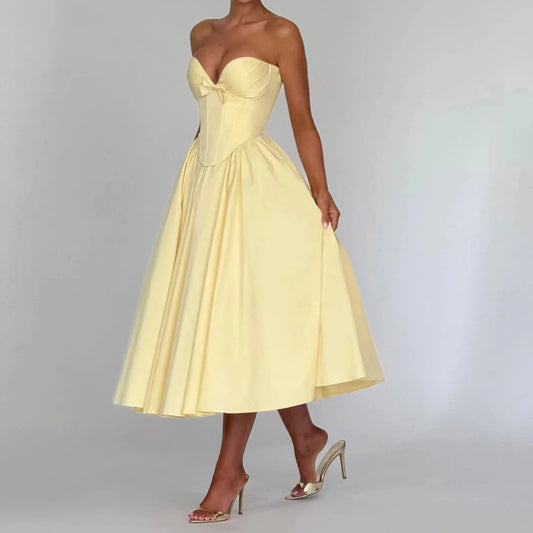 Mila Butter-Yellow Sleeveless Customized Party Dresses Elegant  Strapless Midi Party Dresses Chic Waist Cinching Evening Dresses